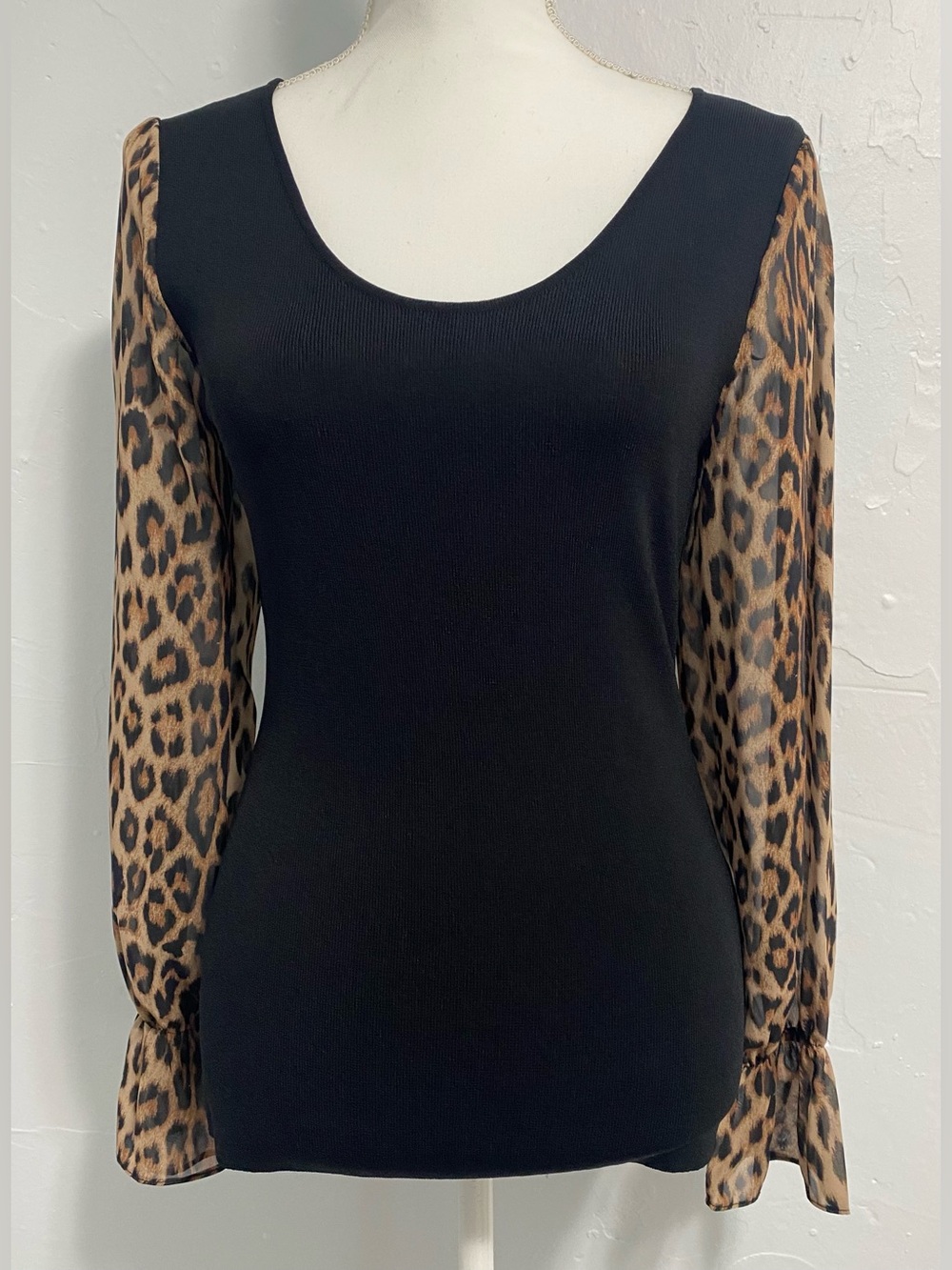 INC International Concepts Black Scoop Neck Top with Leopard Sheer Sleeves